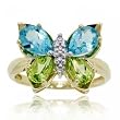 Blue Topaz Peridot & Diamond Butterfly Ring in Solid Yellow Gold