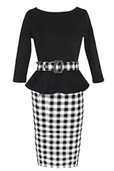 Plaid Print Sheath Peplum Fitted Wool Bodycon Dress/Midi Dress 