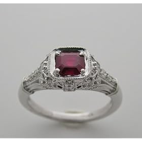 14k White Gold Antique Style With Princess Shape Ruby 1.00 Ct Diamond Ring by 