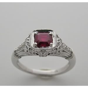 14k White Gold Antique Style With Princess Shape Ruby 1.00 Ct Diamond Ring by