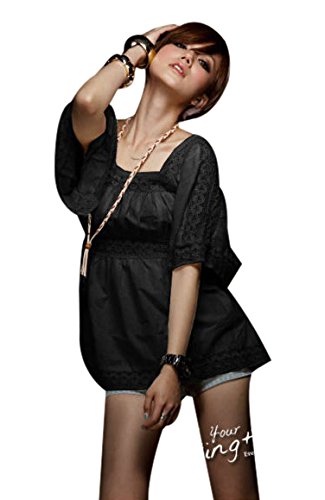 【ノーブランド品】 バックリボン付き レース使い スクエアネック ベルスリーブ 半袖 チュニック トップス ブラック