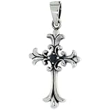 Sterling Silver Cross Fleury Pendant w/ Single Black CZ, w/ 18" Thin Box Chain