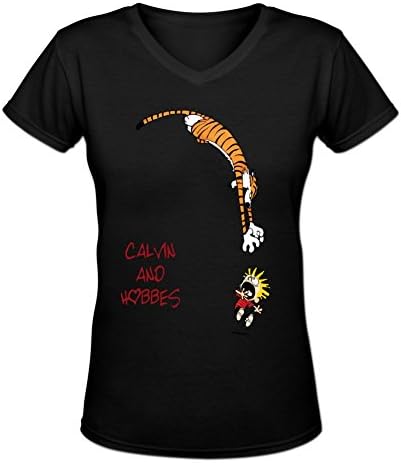 Ivyspace Women's Classic Calvin and Hobbes V Neck Short Sleeve T Shirt XL Black