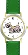 Scottish Terrier Dog - WATCHBUDDY&reg; DELUXE TWO-TONE THEME WATCH - Arabic Numbers - Green Leather Strap-Women's Size-Small