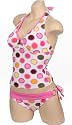 Cute Bathing Suit Pink Polka Dot Colorful Print White Halter Tankini Tie Side Bottoms Swimsuit Set