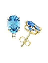 12X10mm Oval Blue Topaz and Diamond Stud Earrings in 14K Yellow Gold