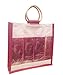 Maroon Color Jute Burlap 4 Bottle Wine Carry Bag with front window and with cane handles size 14
