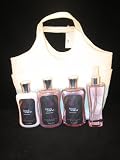 Bath & Body Works Black Amethyst Gift Set in a Collectible Khaki & Blue Canvas Drawstring Tote Bag - Featuring 4 Full Size Products: Lotion, Shower Gel, Bubble Bath & Fragrance Mist Splash