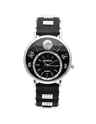 Geneva Polyurethane Fashion Crystal Womens Watch Black Strap