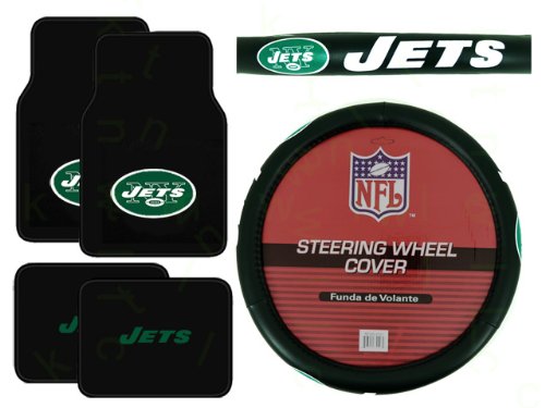 A Set of 4 Universal-Fit NFL Plush Carpet Floor Mats and Comfort Grip Steering Wheel Cover - New York Jets