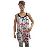 Womens Tank Top- White Scoop Neck Butterfly Printed Sleeveless Tunic Top Medium