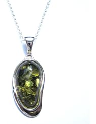 Green Amber Sterling Silver Angel Wing Enhanced Pendant Rolo Chain 18 Inches