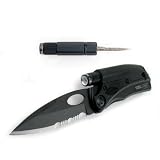 Tool Logic SLPB3 Tactical Folding 1/2 Serrated Knife With LED Flashlight, Diamond Sharpener and Signal Whistle, Black