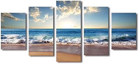 Haichuang Decor Art 5 Panels Framed Beach Seascape Canvas Painting for Wall Decor