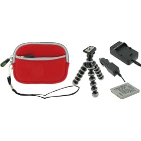 4n1 - Neoprene (Red) Sleeve Case / LI-40B LI-42B AC DC Charger / Battery / Tripod for Olympus FE-5020 Digital Camera Dark Grey