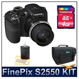 Fujifilm S2550HD 12 MP Digital Point and Shoot Camera (Black), 18X (28-504mm Equivalent) Zoom Lens, 3" LCD, HD Video 720p, Compact Deluxe Gadget Bag, 4 GB Memory Card, & 3pc. Lens Cleaning Kit