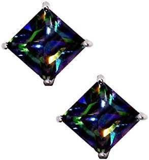 Rainbow Peacock Multi Color Square Princess Cut CZ Basket Set Sterling Silver Stud Earrings 10mm