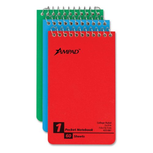 Ampad : Wirebound Pocket Memo Book, College/Narrow Rule, 3 x 5, White, 60-Sheet, 3/Pack -:- Sold as 2 Packs of - 3 - / - Total of 6 Each