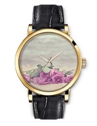 Analog Gold Ladies Girls Watches Black Leather Wristband - Purple Roses
