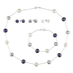 Sterling Silver Fresh Water Multi Color Pearl Necklace and 3 pairs of Stud Earrings Set (8-10mm)