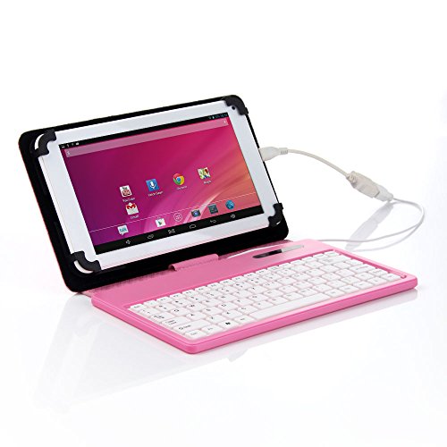 Masione 7" Tablet Stand with USB Keyboard - Faux Leather Carrying Case (7'' USB TO Micro USB Keyboard, Pink)