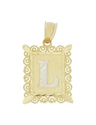 14k Yellow Gold, Initial Letter Capital L Pendant Medal Charm Sparkly Filigree Design Rectangular Frame