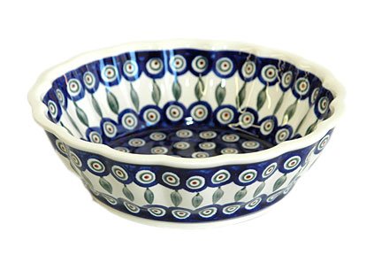 Polish Pottery Peacock Large Scalloped Bowl