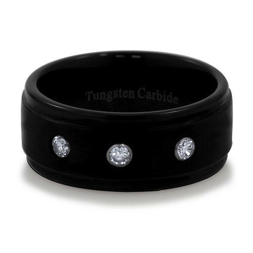Men's 9mm Black Tone Tungsten Carbide 3-Stone Ring Band Comfort Fit - Men's Engagement Wedding Ring