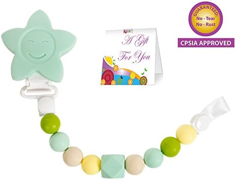 Pacifier Clip Teether Toy - 2 Color Options - Baby Girl or Boy Star Beaded Silicone Teething Toy and Pacifier Clip - (Mint Green Pastel Colors) Greeting Card Included for Baby Gifts