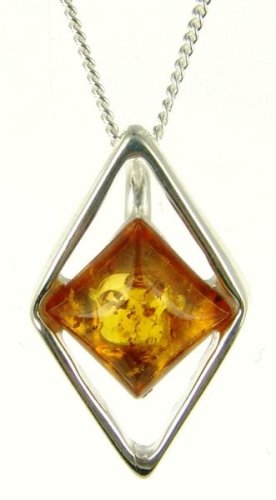 Silver Ladies Amber Set Diamond Shape Pendant and 18 Curb Chain