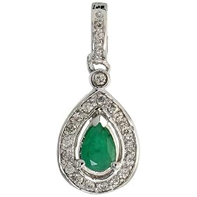 14k White Gold 1 1/16 (27mm) tall Pear shaped Pendant, w/ 0.30 Carat Brilliant Cut Diamonds & 0.73 Pear Cut Emerald Stone 14k White Gold 1 1/16
