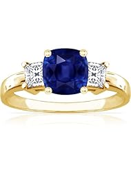 14K Yellow Gold Cushion Cut Blue Sapphire Three Stone Ring
