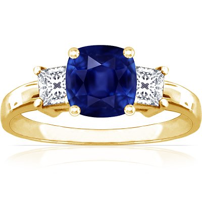 18K Yellow Gold Cushion Cut Blue Sapphire Three Stone Ring