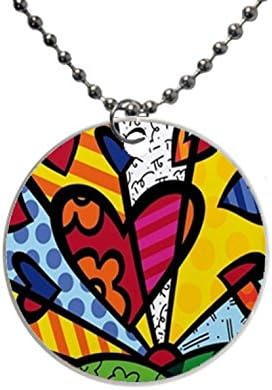 Romero Britto Art ~ Round Custom Dog Tag , Size 1.7 inches in diameter ,Comes with 30" inches beads chain pendant Necklace