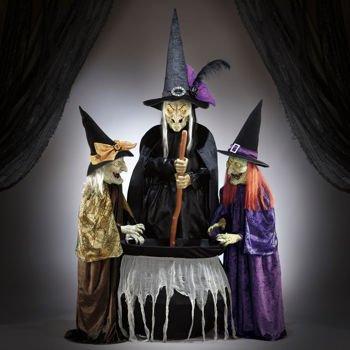 Animated 3 Witches with Lights and Sounds 5' Tall, LED Eyes and Cauldron, Stirring Animations, Sound, Motion Sensor