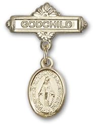 Gold Filled Baby Badge with Miraculous Charm and Godchild Badge Pin