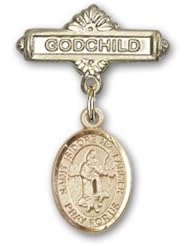 Gold Filled Baby Badge with St. Isidore the Farmer Charm and Godchild Badge Pin