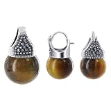 .925 Sterling Silver Round Shape Tiger Eye and Marcasite Accents Snap Back Closure Findings 12mm x 20mm Earring Pendant Jewelry Set
