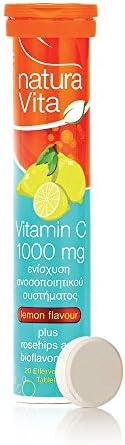 Food Supplement Vitamin C 1000mg plus Rose Hips &amp; Bioflavonoids Complex Ascorbic Acid Lemon Free Sugar Supplements Vitamins 20 Tablets