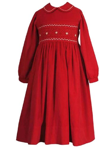 Rare Editions Girls 7-16 RED CORDUROY DAISY EMBROIDERED SMOCKED Party Dress