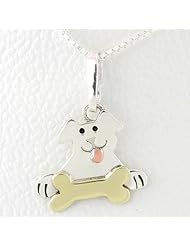 Happy Puppy Dog with Brass Bone Pendant in Sterling Silver on a 16" Box Chain, #8761