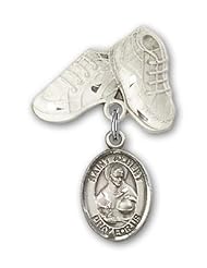 Sterling Silver Baby Badge with St. Albert the Great Charm and Baby Boots Pin. Catholic Saint Albert the Great Patron Saint of Medical Technicians, Scientists, Universal Church, Philosophers