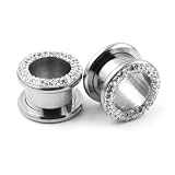 316L Surgical Steel Screw-On Flesh Tunnel Ear Plugs with Clear Crystals 7/16