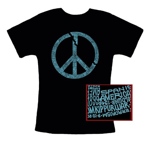 Broken Peace Symbol Text Womens T-shirt Medium – Art Is Created Using All the Names of Every World Conflict Since 1700 Ad
