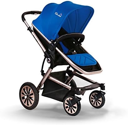 Fashion Luxury High View Folding Portable Baby Stroller,Aviation Aluminum Alloy X-type Frame with 4 Air Wheels (Blue)