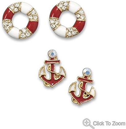 W1383 Set of 2 yqUYpKuX Nautical Themed ydG7KH6qn Fashion Earrings heyu32789 njkklg45 gbng34bnm Cute set of 2 pairs of nautical theme fashion stud earrings. The set includes: red and white epoxy 10mm x 14mm anchor earrings, and a pair of 15mm red and white epoxy life preserver earrings. fUt4JK Both pairs of earrings are gold tone CNxdAu2jLF and have clear crystal accents.