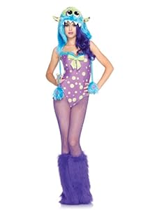 Leg Avenue 3 Piece Flirty Gerty Spotted Bodysuit With Furry Tail And Monster Hood With Claw, Purple/Blue, Small
