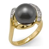 Tahitian Black Pearl Ring with Diamond in 14K Yellow Gold