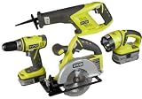 Ryobi P845 Lithium Ion 4-PC Combo Kit Drill P202, Circular Saw, Reciprocating Saw, and Light. P104 (2.4amp) P103 (1.5 amp) Batteries