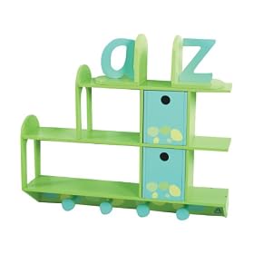 Green ELC Shelf - with drawers, shelves, and pegs